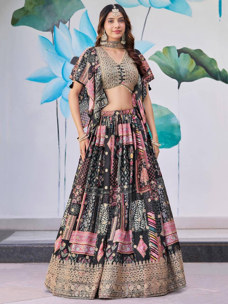 Queen Multicolor Chinnon Silk black Lehenga choli wholesale market